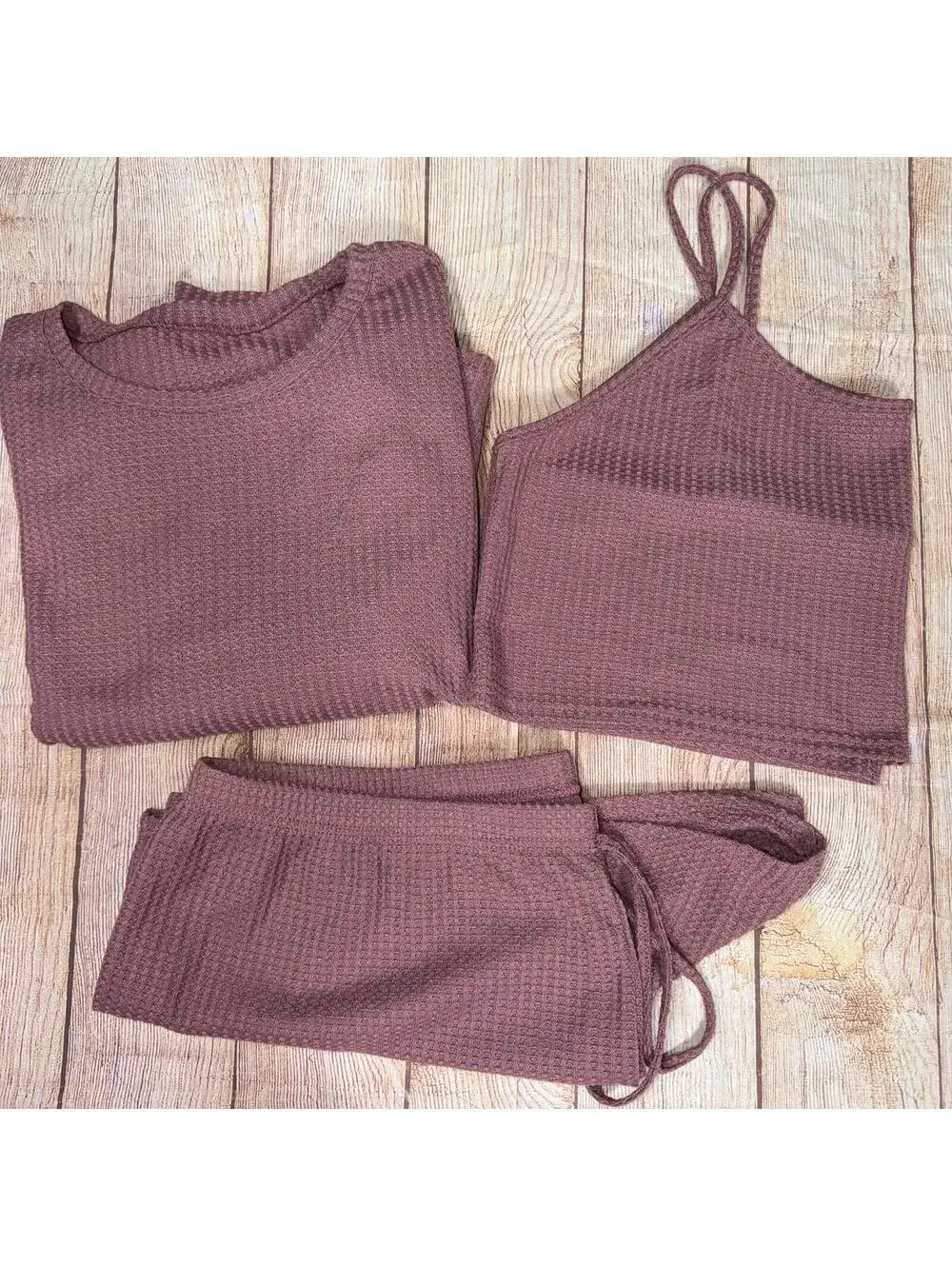 Mauve 5X Waffle Knit 3-Piece Loungewear Set (Long Sleeve Top, Tank, and Pants)